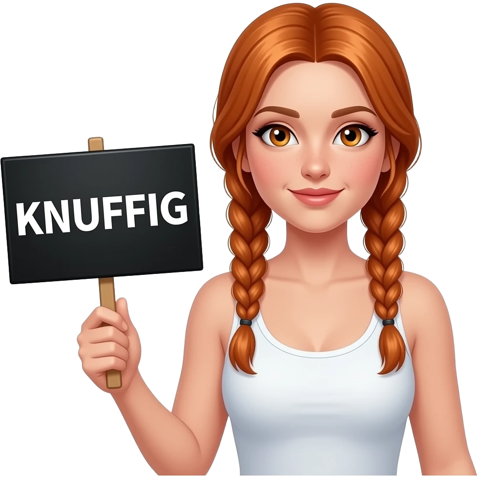 sexy girl with long ginger braids and ginger eyes wearing a white tanktop is holding a black sign with KNUFFIG written on it emoji