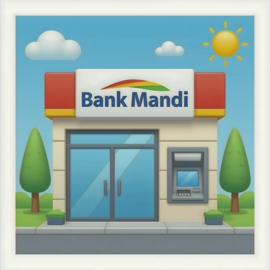 create branch office with bank mandiri logo on the top, ther is atm emoji