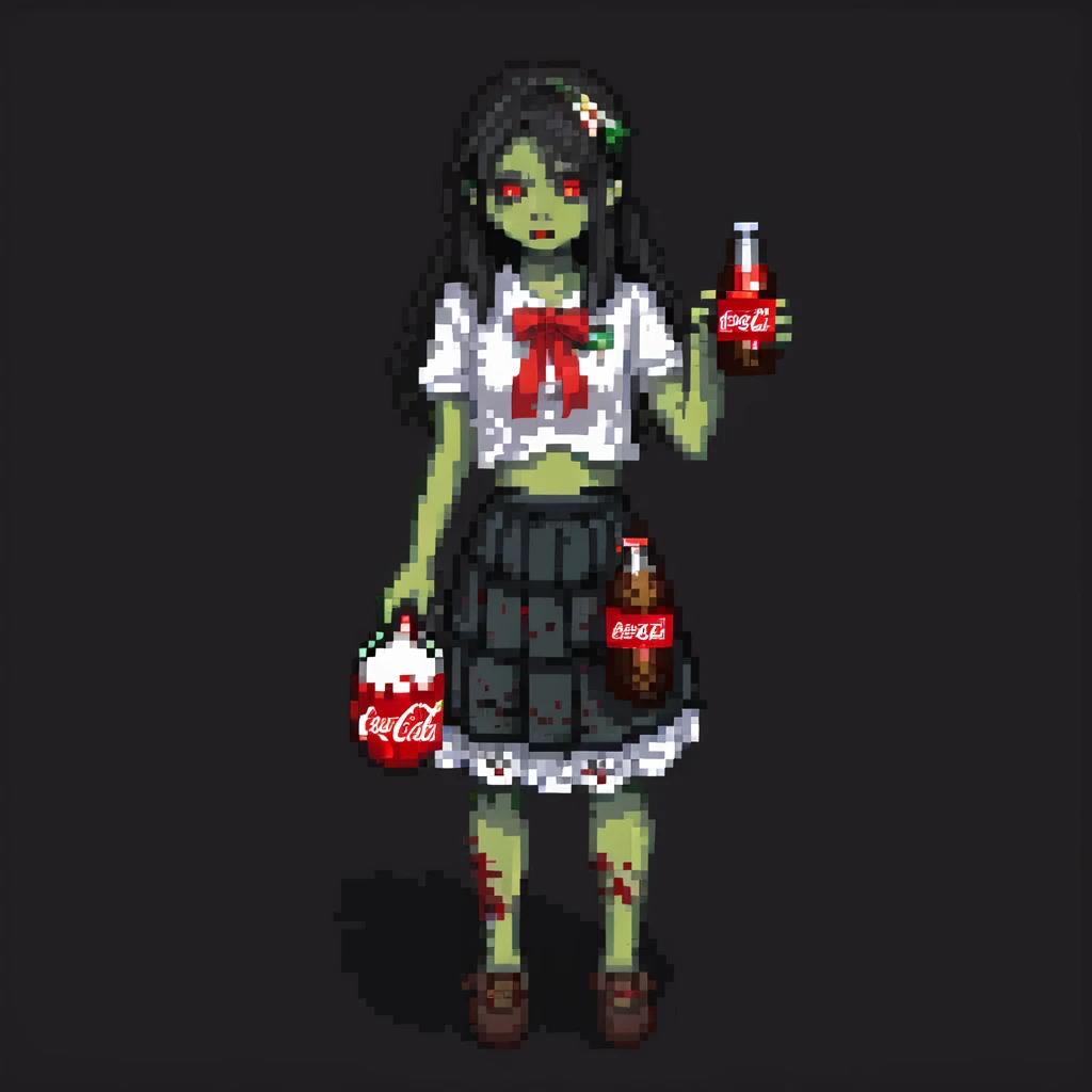 Generate an Asian girl, dark-haired, she's a zombie, wearing a skirt with lace, slightly torn,
Holding a bottle of Coca-Cola in her hands.
Background: a dark street in the style of Gotham City  emoji