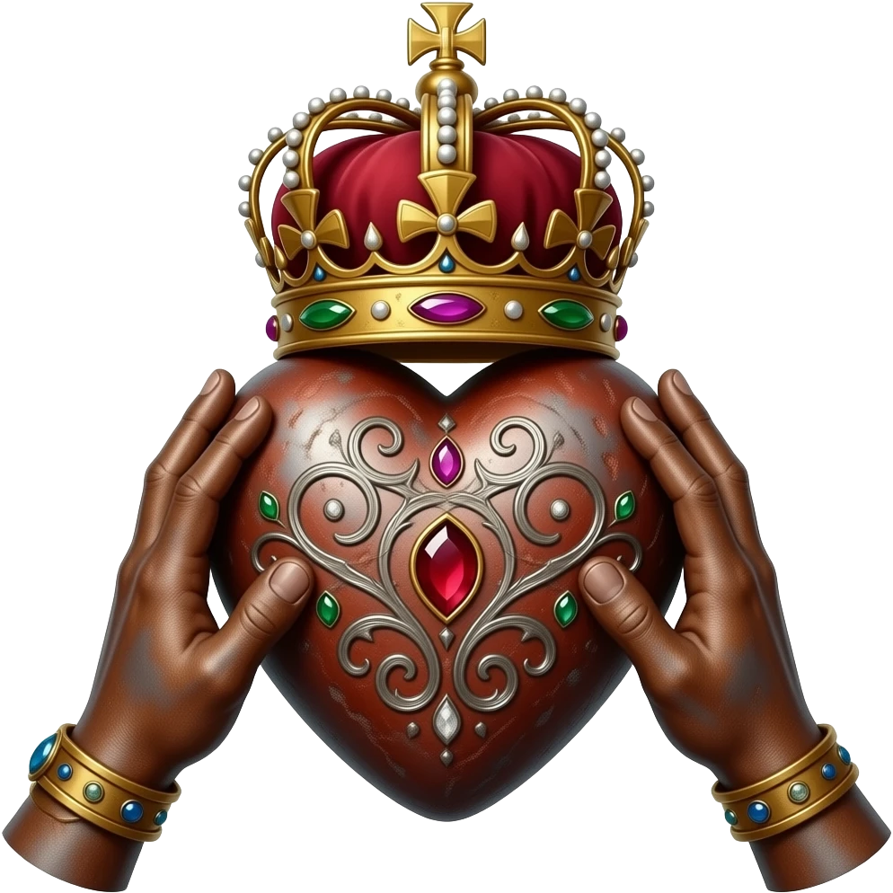 two rusty hands touch with their fingers a rusty heart richly ornamented with arabesques and studded with precious stones with a richly decorated royal crown, dramatic lighting - backlight emoji