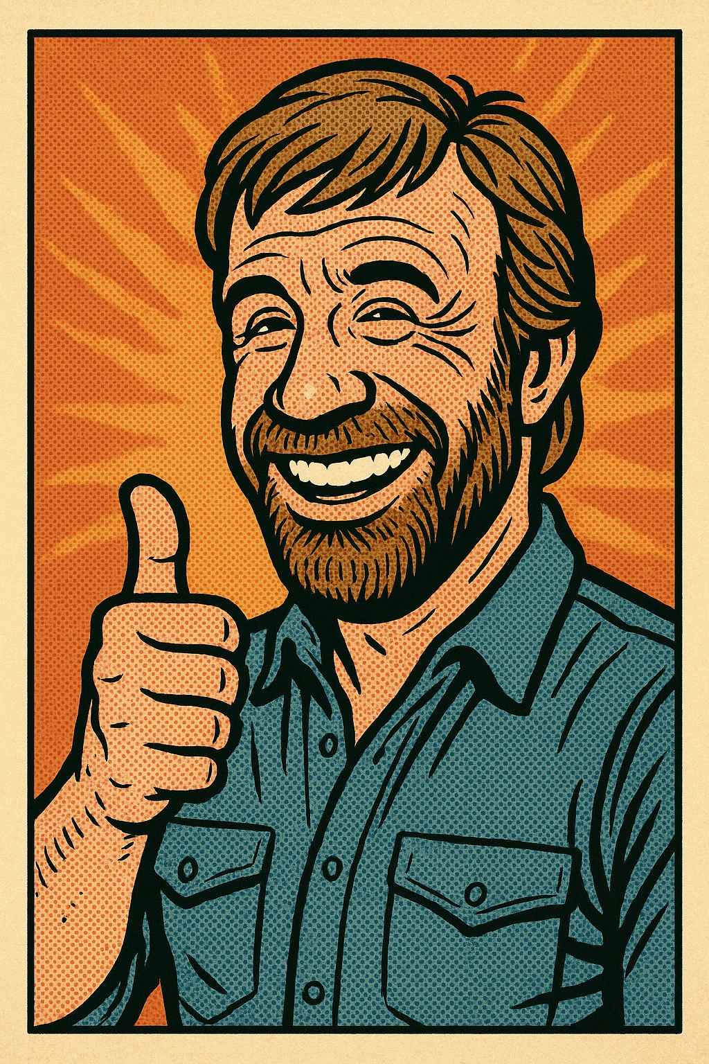 caricature style illustration of Chuck Norris giving a thumbs up, big smile, comic exaggeration, playful and fun emoji