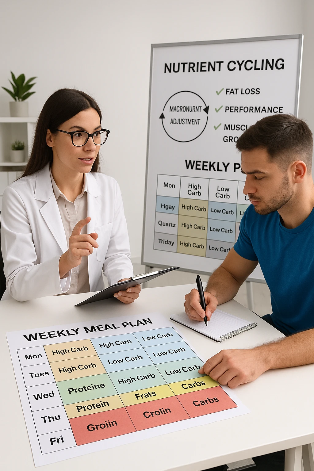 a nutritionist explains to an athlete how to cycle macronutrients for fat loss and training. On the desk, a weekly meal planner shows alternating high-carb and low-carb days, with color-coded sections for proteins, fats, and carbs. The athlete takes notes, and a chart in the background illustrates the benefits of nutrient cycling. The mood is professional and educational. scritto in italiano emoji