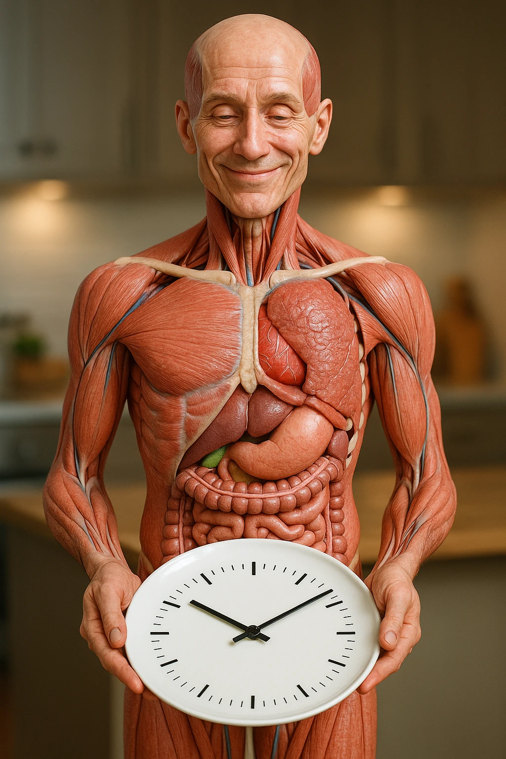 corpo umano anatomico, che tiene in mano un piatto bianco con la lancette di un orologio sopra, figura visibile fino ai fianchi, espressione del volto soddisfatta, sullo sfondo la sua cucina sfocata, iperrealistico 4k emoji