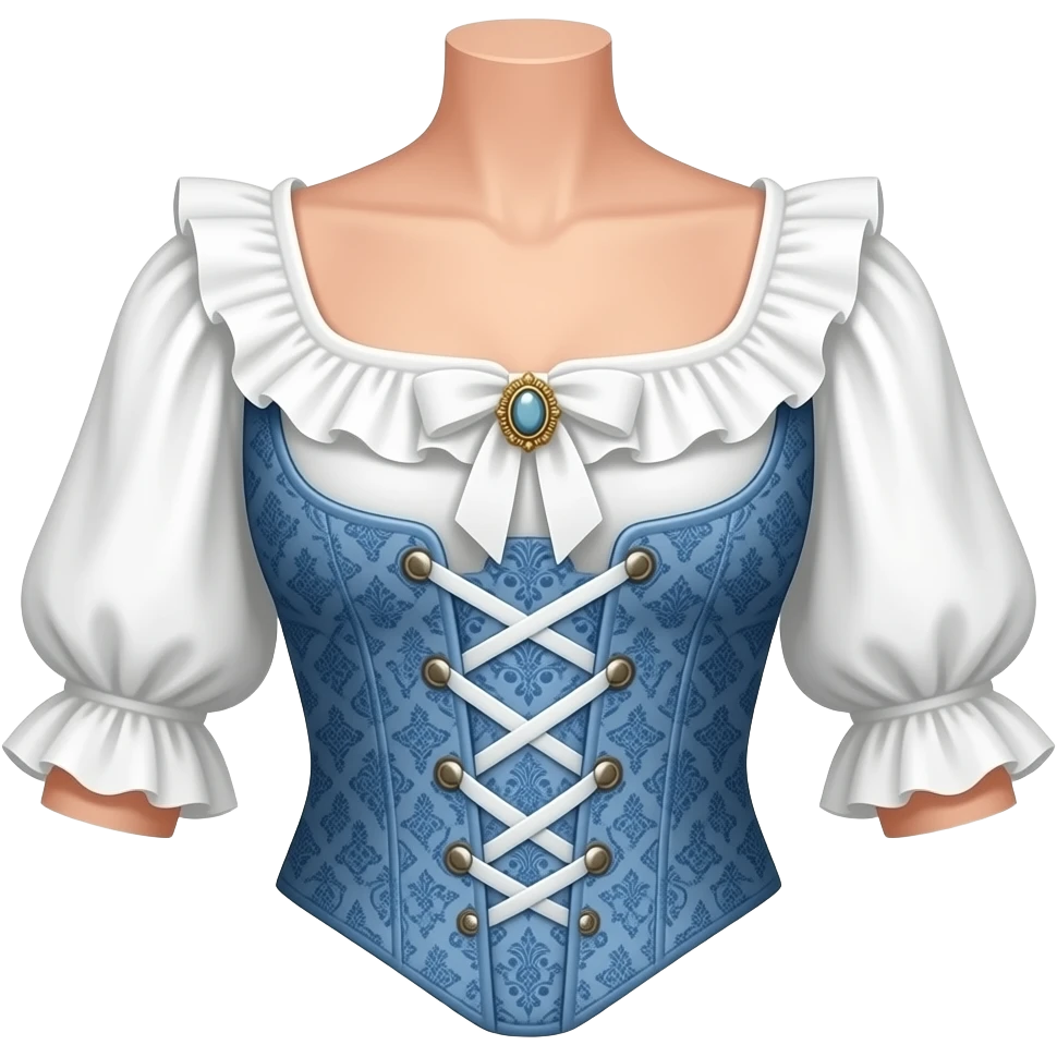 dress southern belle style colonial style white ruffled blouse with small brooch with blue patterned skirt NO CORSET emoji