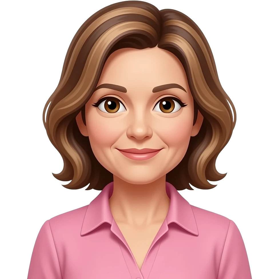 woman in 50s with brown highlighed hair and wearing pink formal top brown eyes emoji
