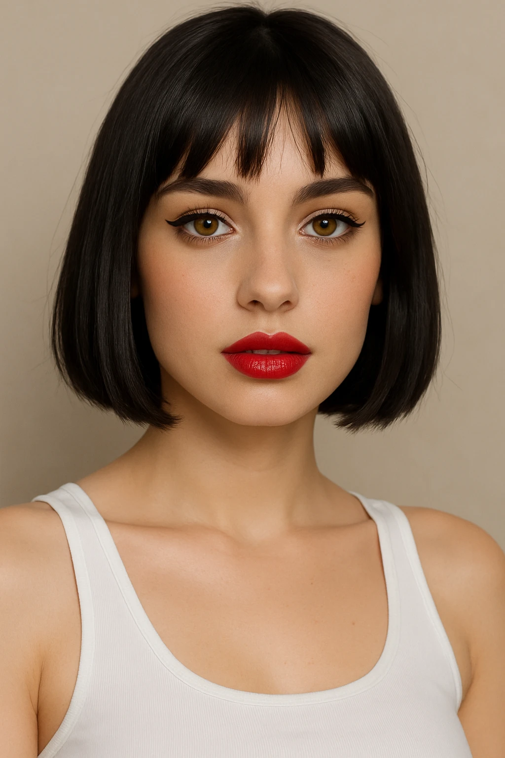 A pretty girl with black straight bob hair. She has hazel eyes with black eyeliner. She has plump red lips. She is wearing a white tank top emoji