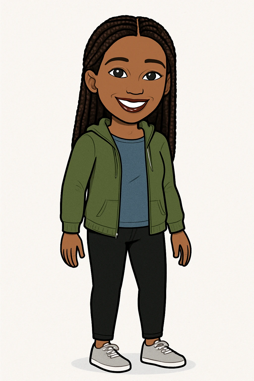 bitmoji style brown woman with braids, casual outfit, smiling emoji