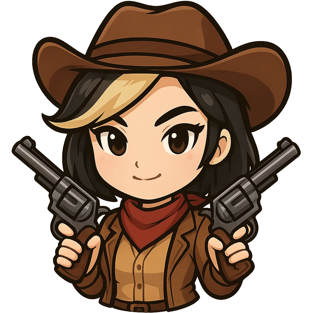 Chibi cowgirl with slightly longer hair and a blonde streak, wearing a cowboy hat and western outfit, holding two revolvers, pose with both guns crossed in front, determined expression, chibi/anime style, transparent background, sized for Twitch or Discord use. emoji