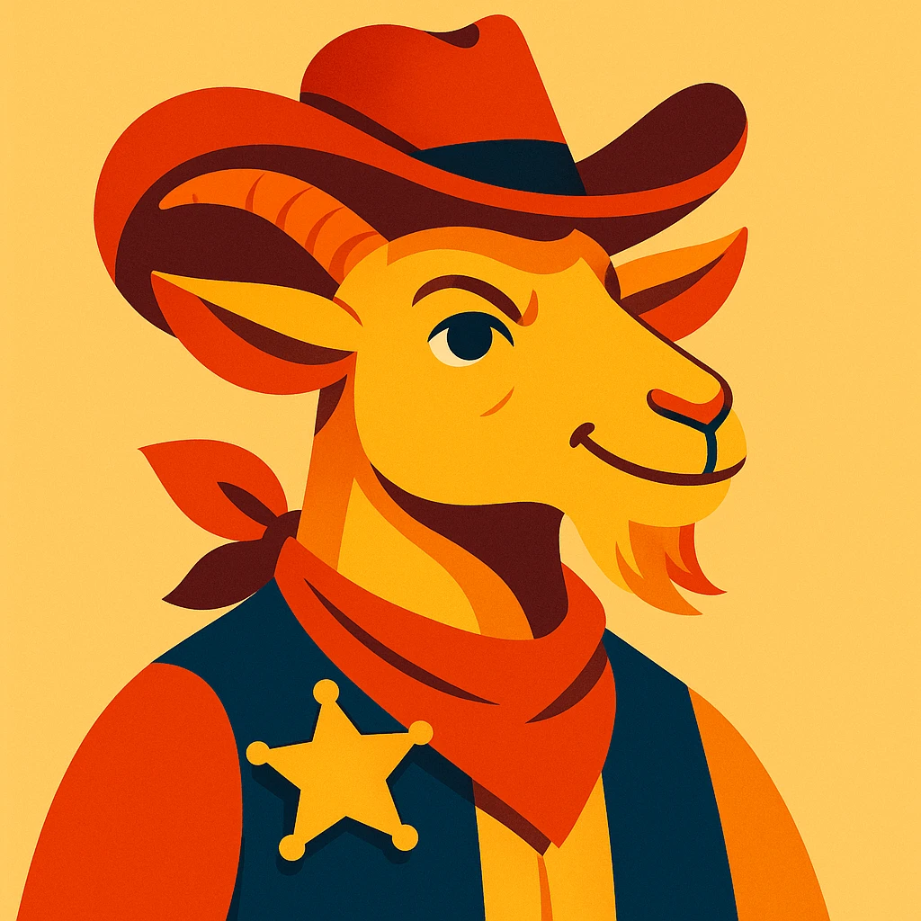 a goat with a sheriff badge, cowboy hat, and bandana, looking heroic, vibrant colors emoji