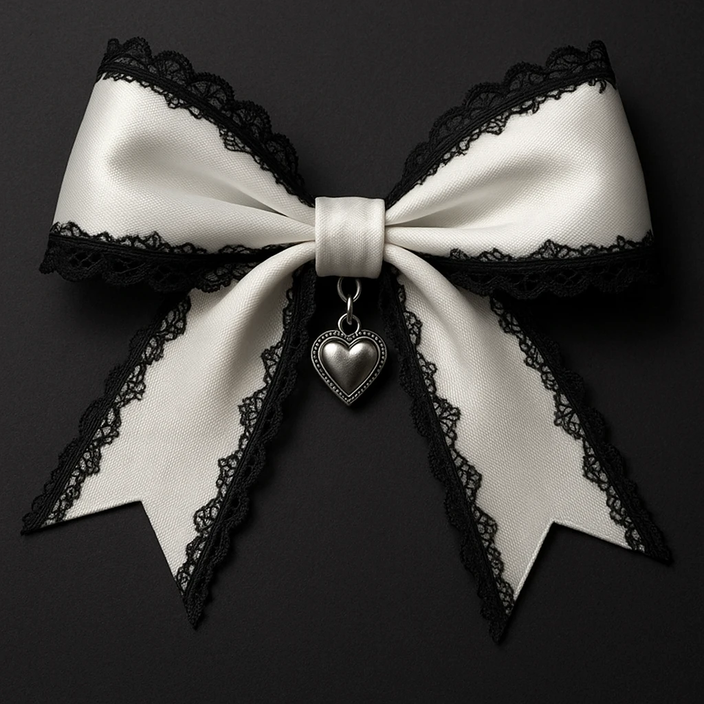 Edit the image to depict a white gothic bow with black lace trim and a heart charm in a general style. emoji
