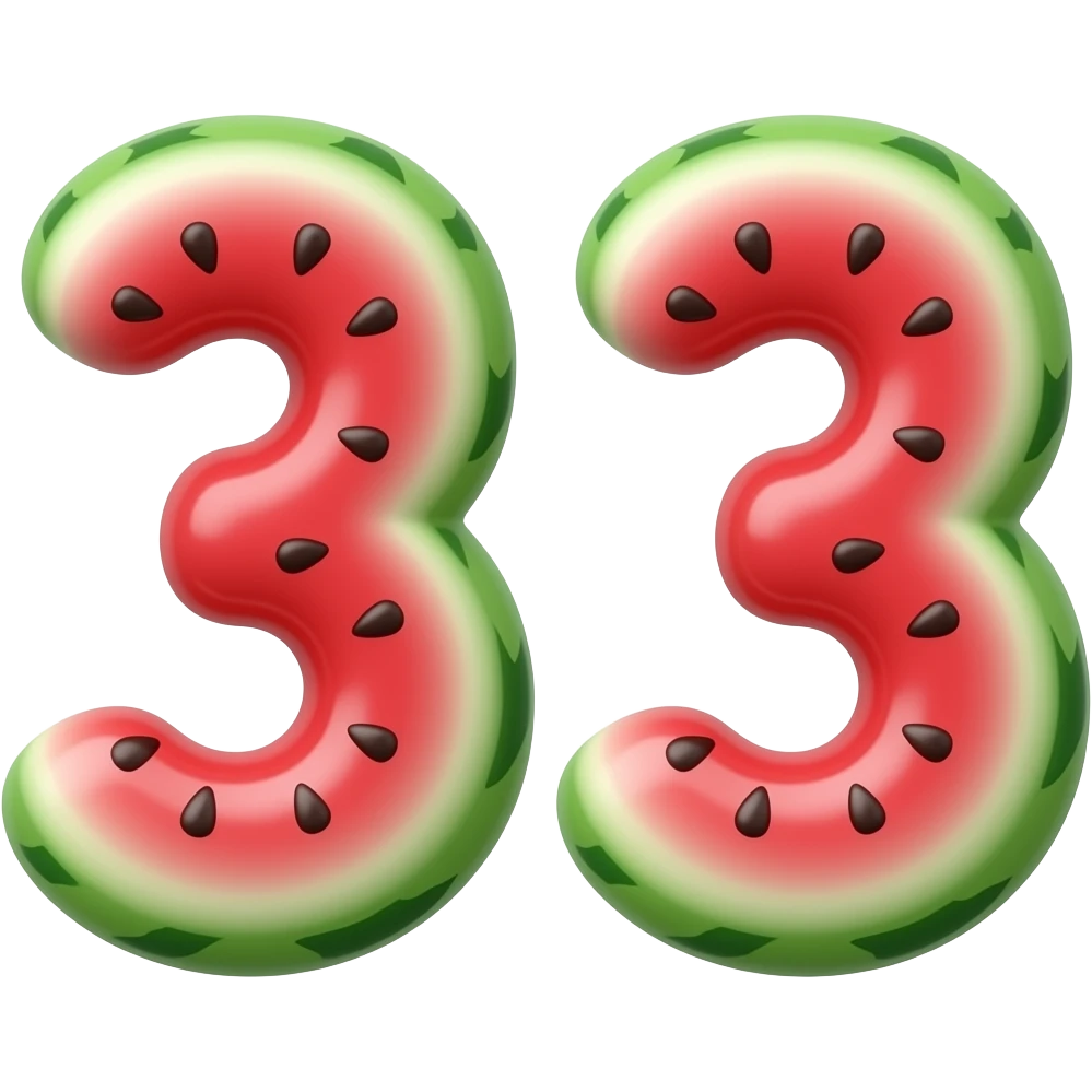 👉  TWO👉 "numbers 32 and 33 made of watermelon texture, red and green colors, 3D glossy, smooth rounded shapes, cute cartoon style, isolated on white background, high detail" emoji