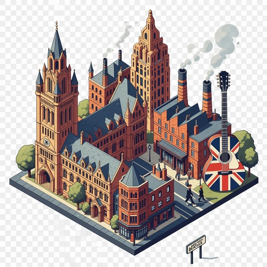 Isometric illustration of Manchester and Liverpool combined, Beatles references (Abbey Road sign), Manchester Town Hall, a Union Jack guitar and brick building in a miniature, toy-style factories, balanced between stylized painting and realistic,  transparent background emoji
