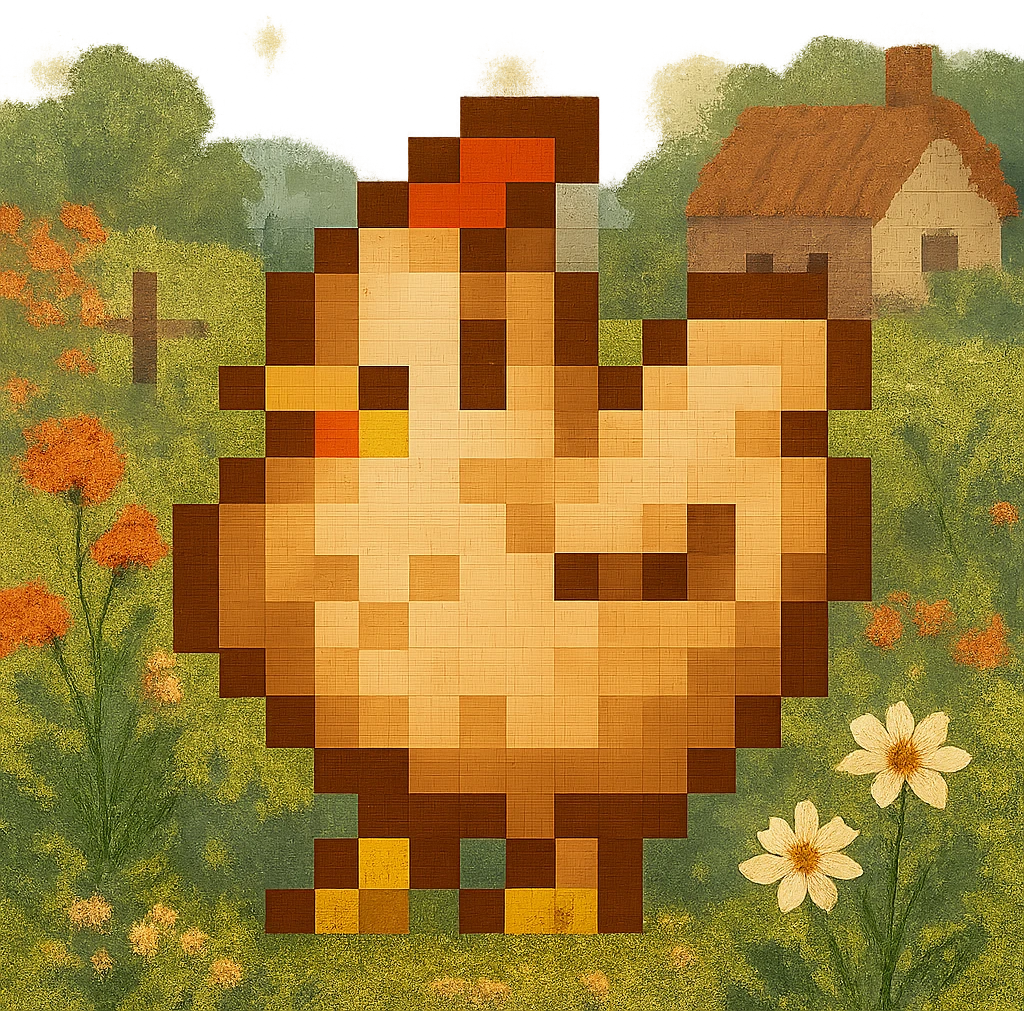 Using a transparent background, re-imagine this pixelated chicken in a cottage core setting emoji