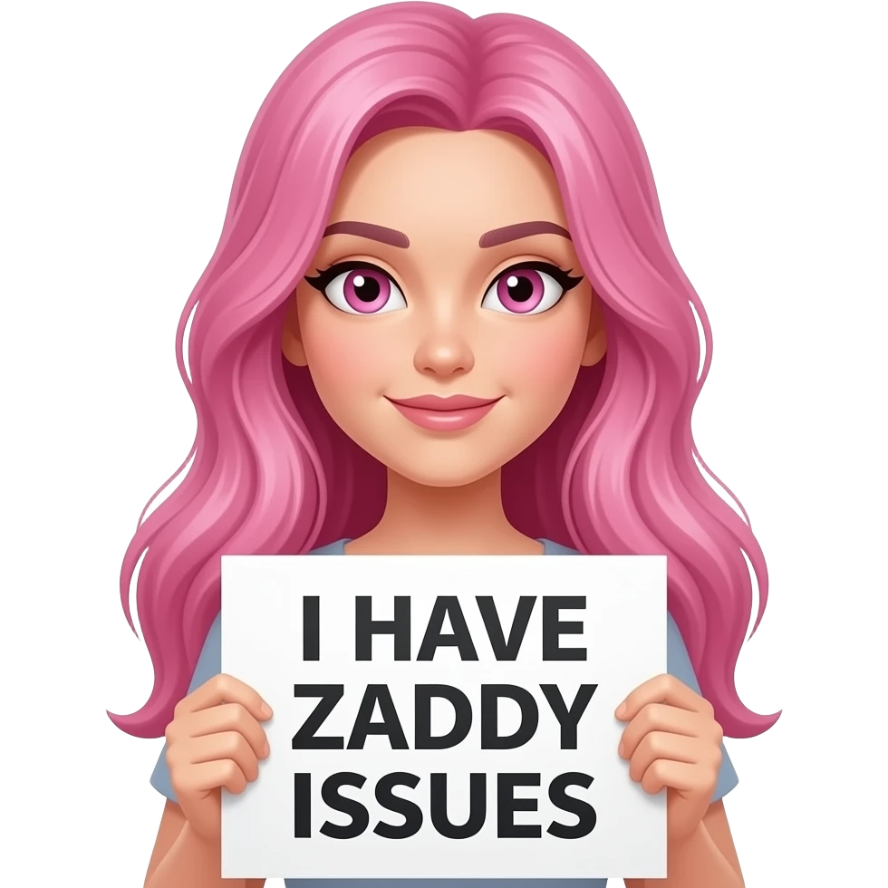 sexy girl with long pink hair and pink eyes holding a I HAVE ZADDY ISSUES sign emoji