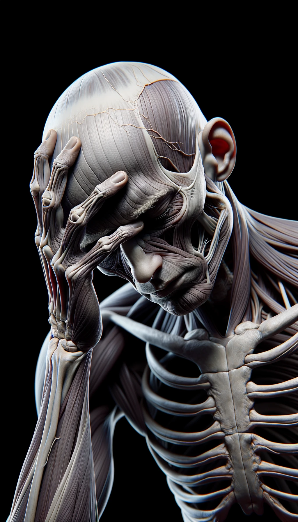 CORPO UMANO ANATOMICO STANCO CON MANO SULLA FRONTE, IPERREALISTICO 4K emoji