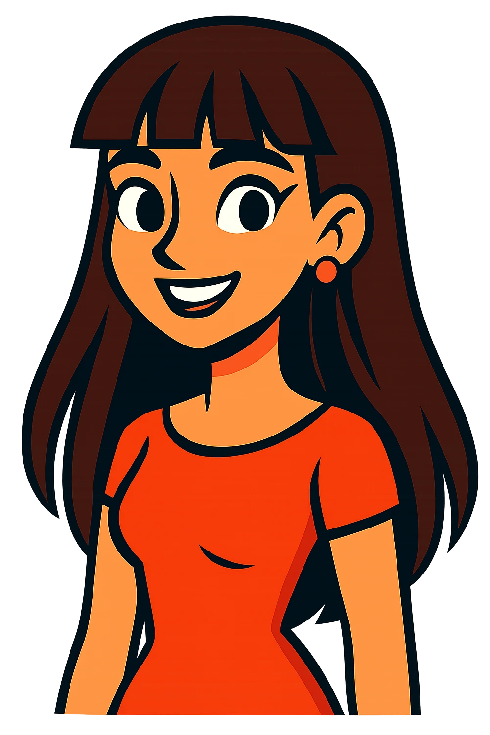 chica morena linda con cabello largo y fleco, vibrant cartoon style emoji