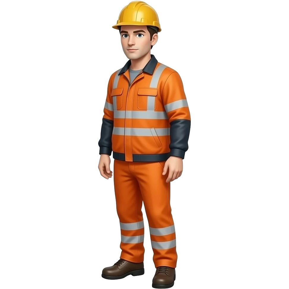 engineer standing sideways in full hi vis orange overalls, with sleeves emoji