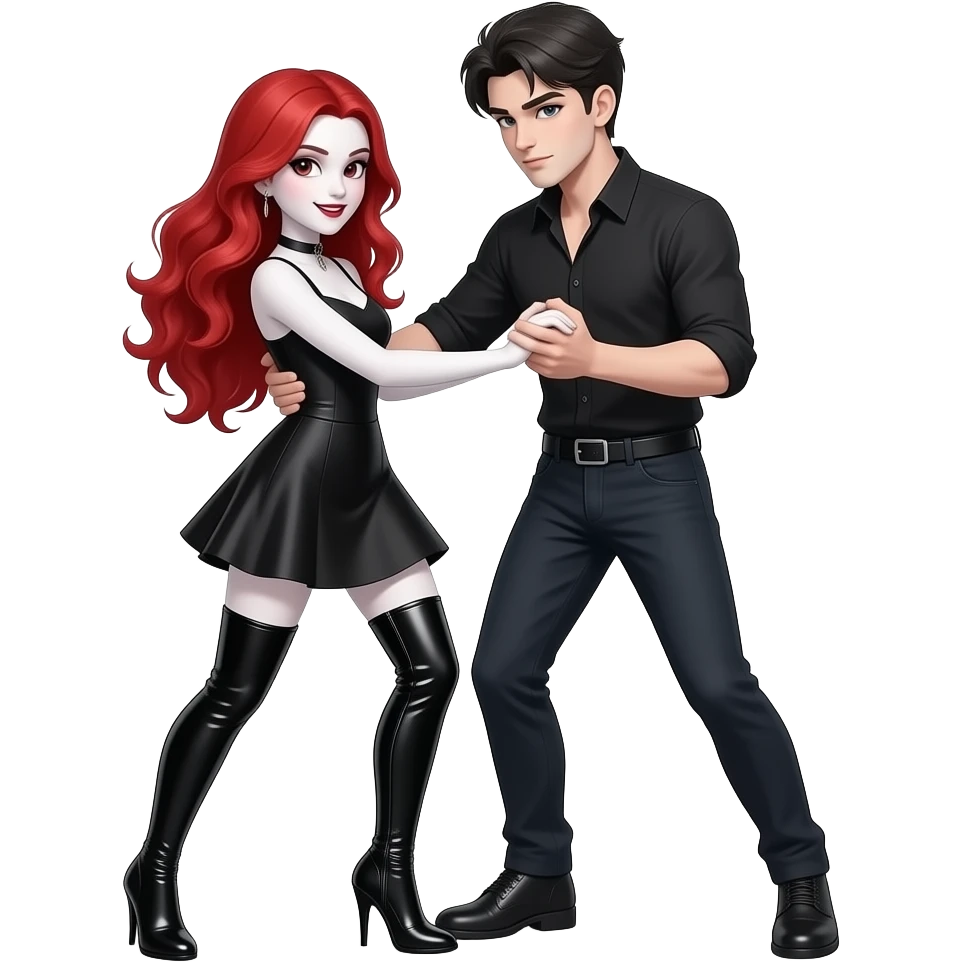 Vampiro femmina ADOLESCENTE con pelle bianca e capelli rosso ondulati lunghi che indossa un vestito corto nero e degli stivali lunghi neri con tacco e balla  con il suo fidanzato FIDANZATO con la pelle bianca che la tiene su con le braccia emoji