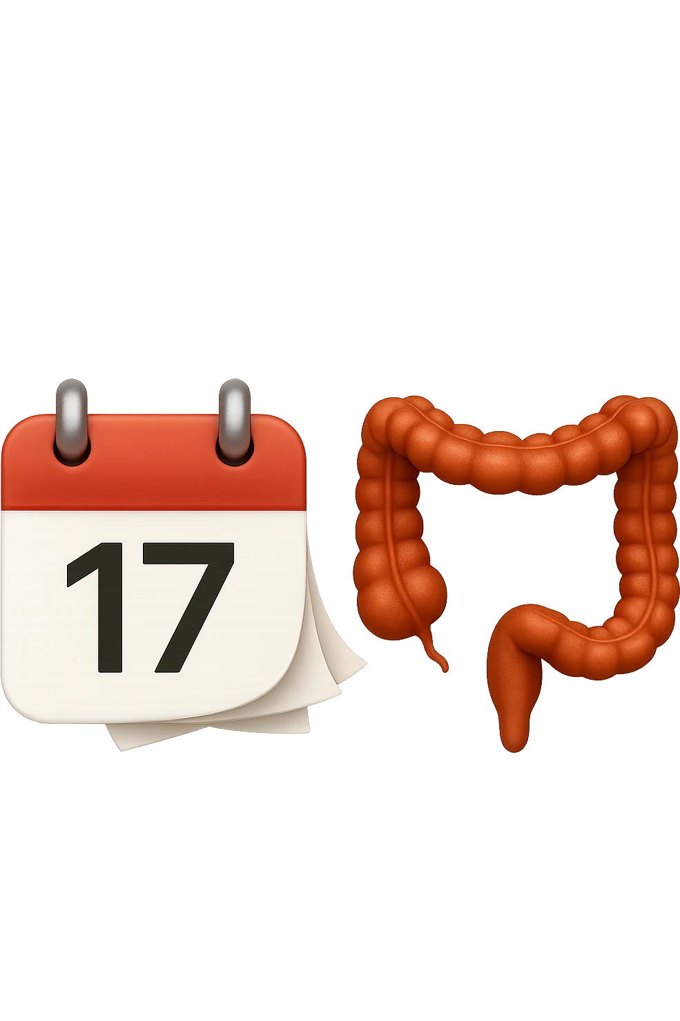 emoji stile iphone di un calendario con fogli che volano insieme a pezzi anatomici di colon umano, iperrealistico 4k, isolato su sfondo bianco emoji