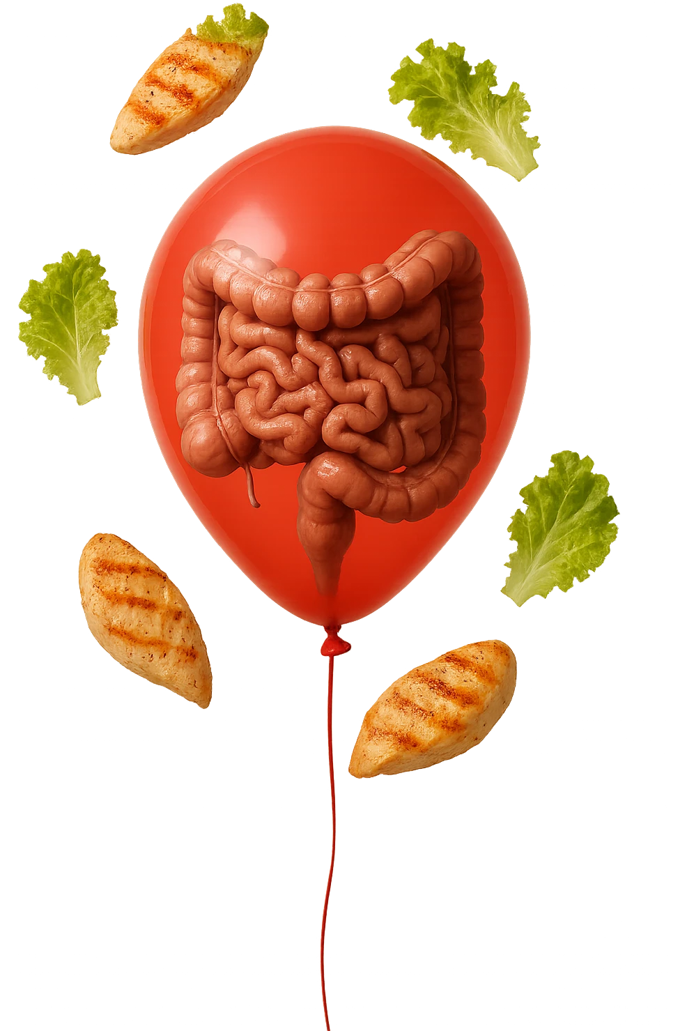 intestino anatomico realistico chiuso in un palloncino rosso e foglie di insalata e petto di pollo grigliato che fluttuano intorno emoji