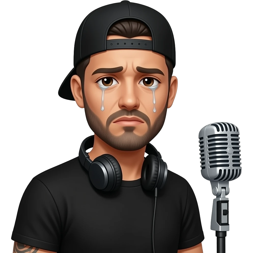 Sad, lonely, with tears running down his face divorced wearing all black and a backwards hat tattooed with a beard that’s turning gray Mexican man with headphones in the standing Microphone emoji