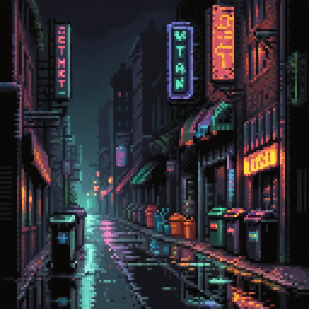 Pixel art background, side view of a dark Gotham-style street at night, moody lighting, flickering neon signs, trash bins, wet pavement, shadows in windows, 2D fighting game stage style, straight camera angle, vertical layout, 9:16 aspect ratio, suitable for mobile game
 emoji