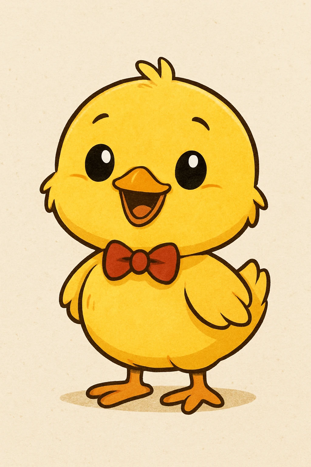 A baby chick with a big smile, cartoon style, wearing a tiny red bow tie emoji