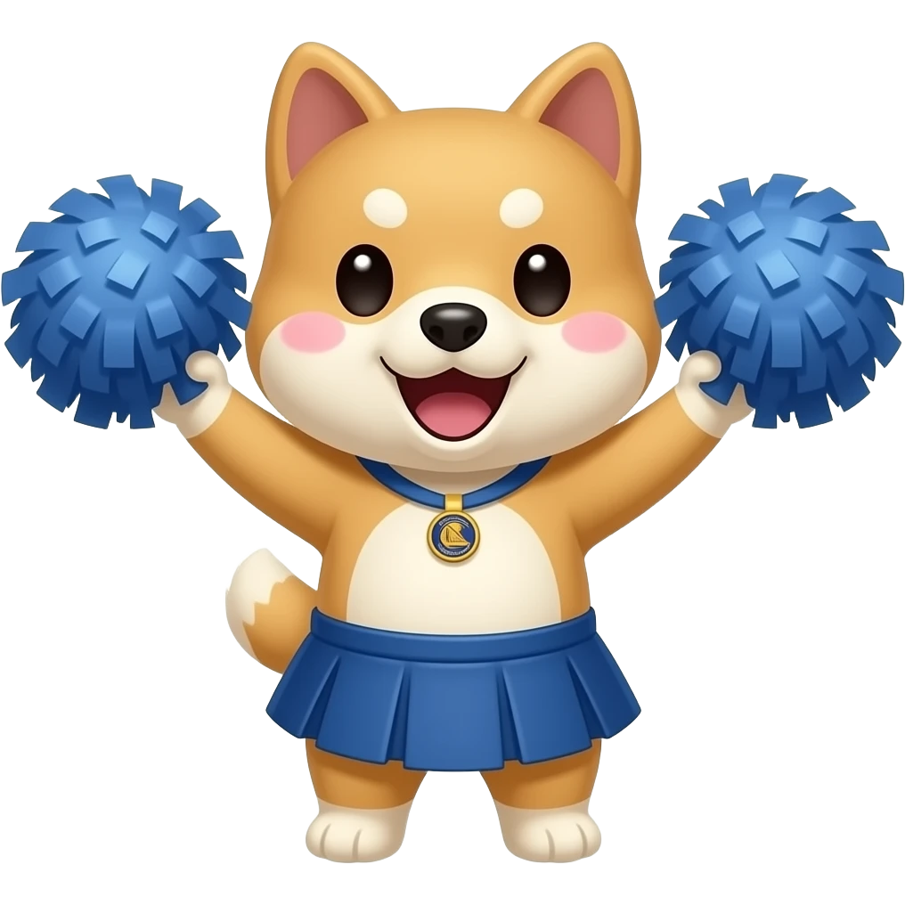 Hachiko dog in chibi cute animation as nba fans cheeringbwith pom poms qearing skirt emoji