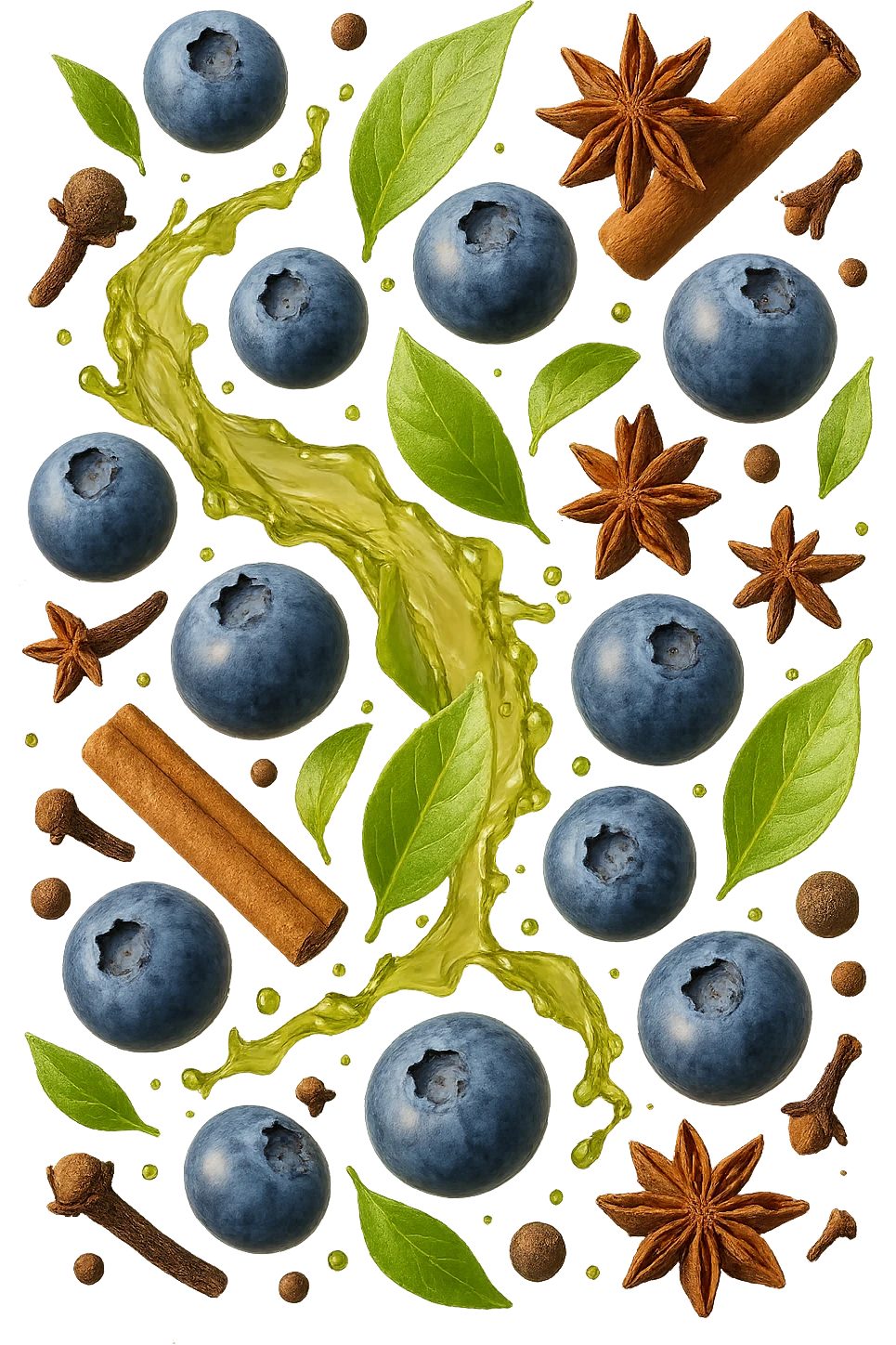 mirtilli, thè verde, spezie, fluttuano in aria, iperrealistico 4k emoji
