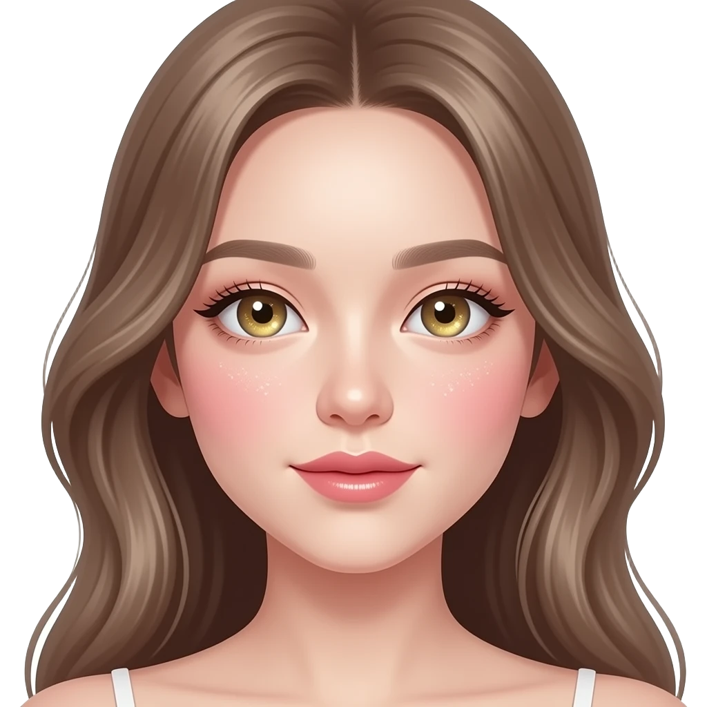 A cute emoji face with bright colored dewy glowing skin, subtle pink blush, highlighted cheekbones with gold shimmer, sparkling eyes, soft ivory skin tone, K-beauty inspired, radiant and luminous expression, with long hair emoji