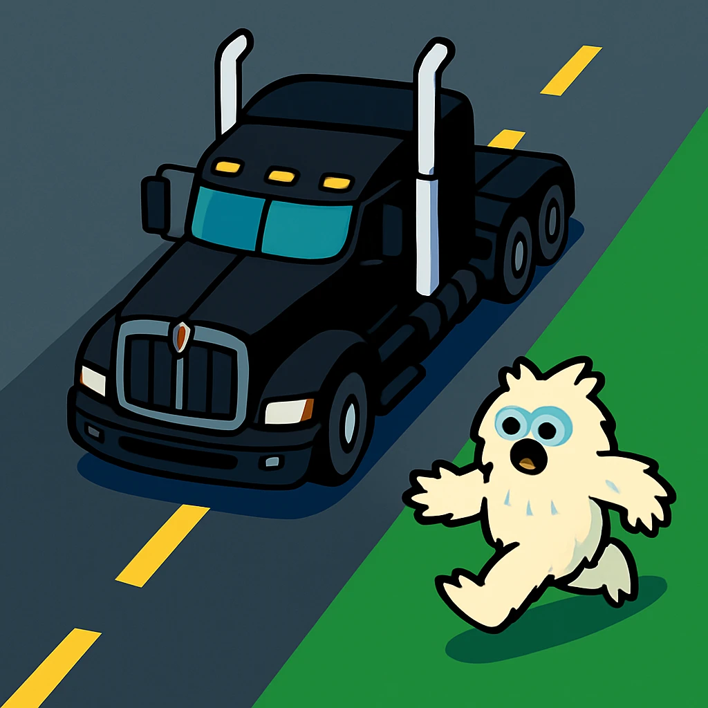 Put the small furry abominable snowman on the road in front of the black Kenworth W680 flat top semi truck, top-down colorful and playful style, no text. The style should be colorful and playful, top-down, with no text. emoji