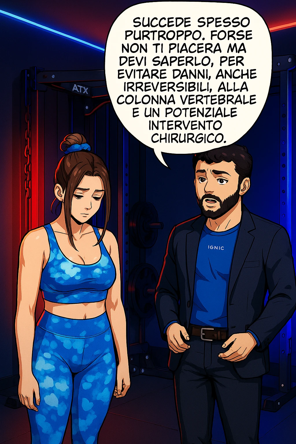 fai questa immagine in versione fumetto/manga/webtoon a colori, il manga mostra l'uomo che risponde alla donne:
Succede spesso purtroppo. 
Forse non ti piacerà ma devi saperlo, per evitare danni, anche irreversibili, alla colonna vertebrale e un potenziale intervento chirurgico. emoji