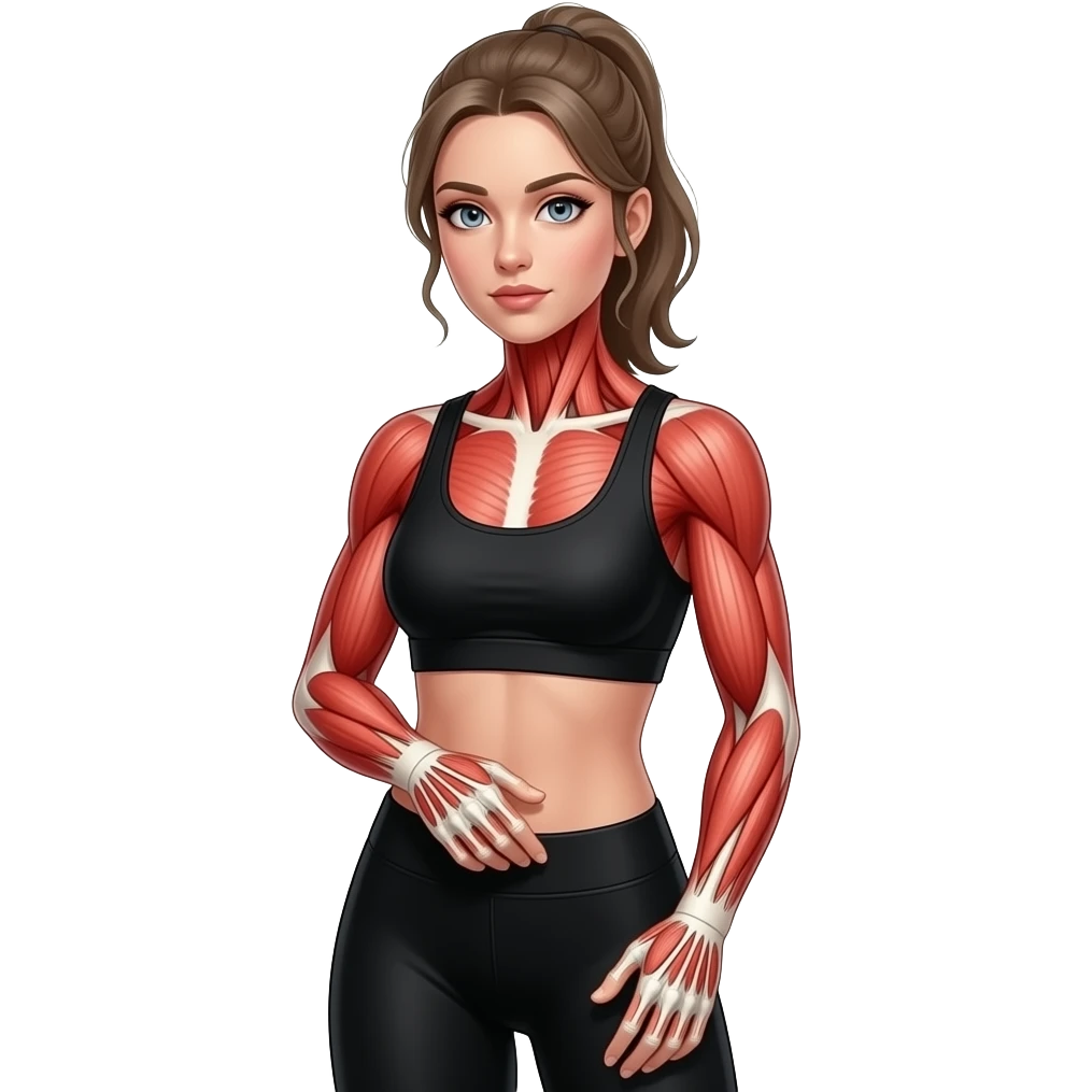 full body, red glow across the entire body, anatomical highlight of major muscles and joints, woman slightly bent and touching her body, fair-skinned woman, gray-blue eyes, ash brown brows, ash light brown hair tied back, slim athletic body, black workout set emoji