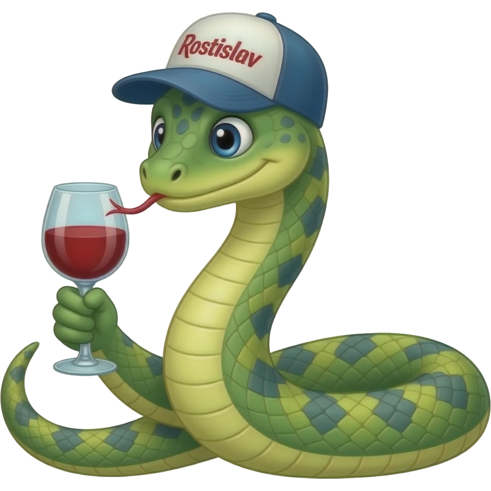 A snake in a cap with the inscription "Rostislav" drinks wine emoji