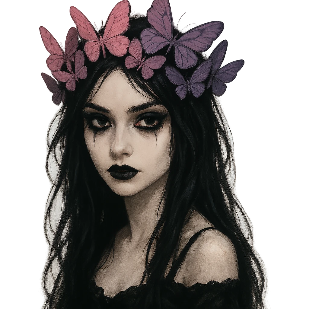gothic emo girl, matte pink and purple butterfly crown, dark eyeliner, expressive eyes, mysterious and elegant emoji