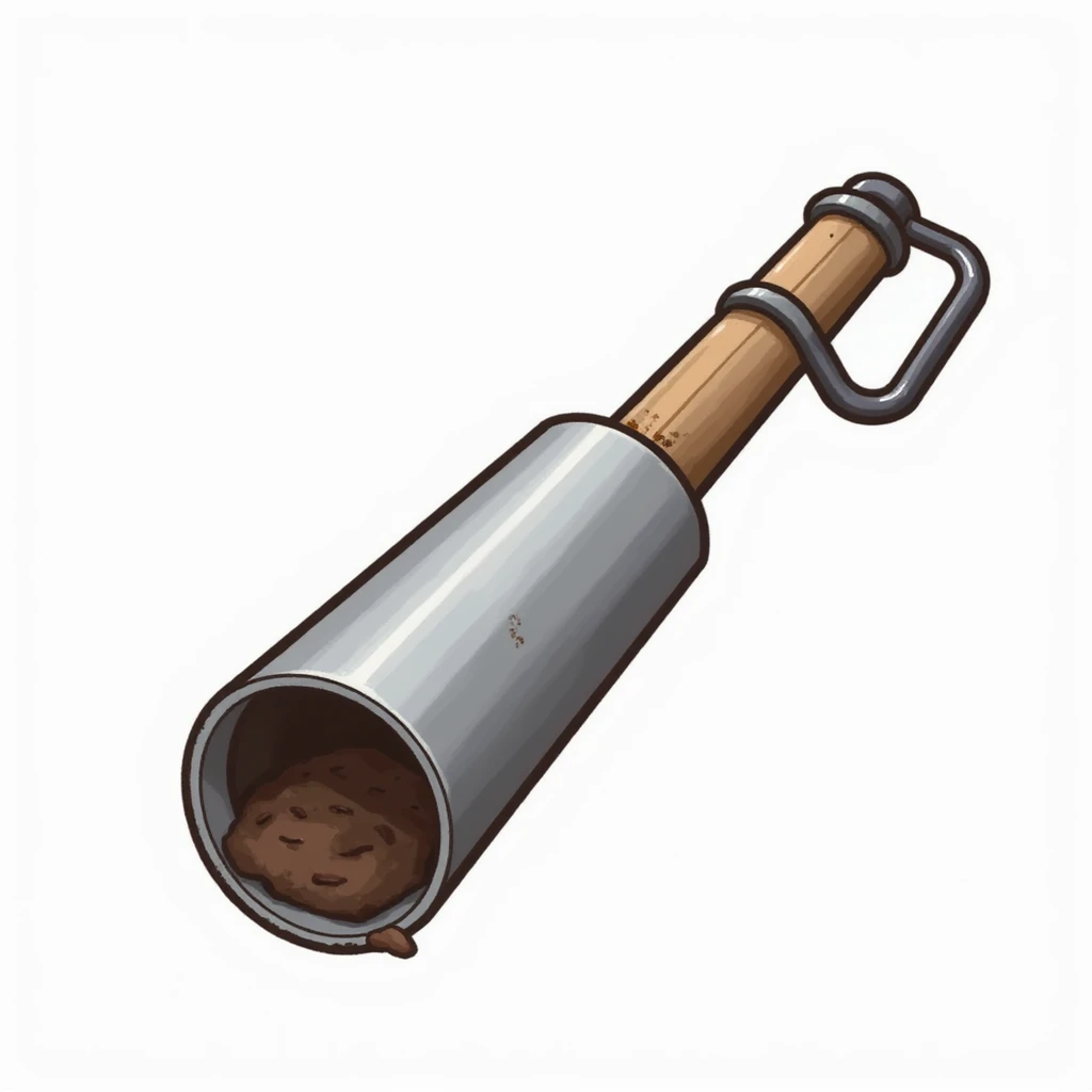 realistic icon style of a soil core sampler tool, cylindrical metal tube with a handle, used for collecting soil samples for carbon dating, shown with a soil core inside emoji