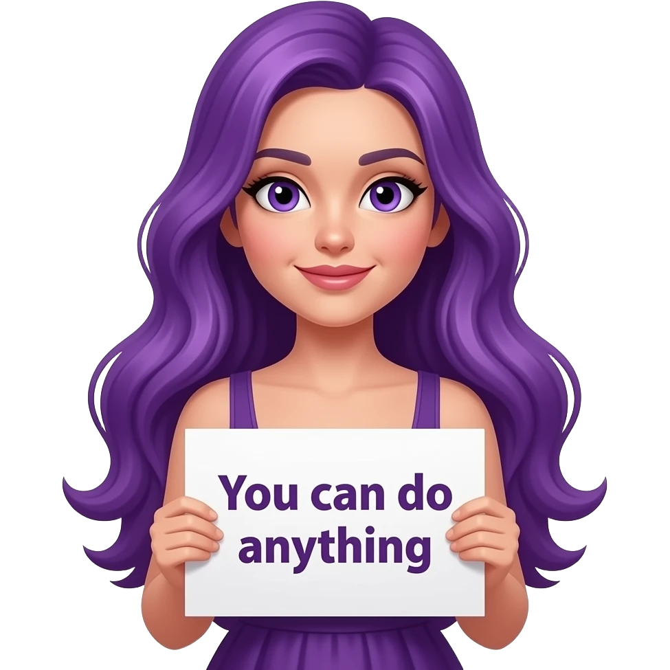 sexy girl with long purple hair and purple eyes wearing a dress holding a GIRL! You can do anyything sign emoji