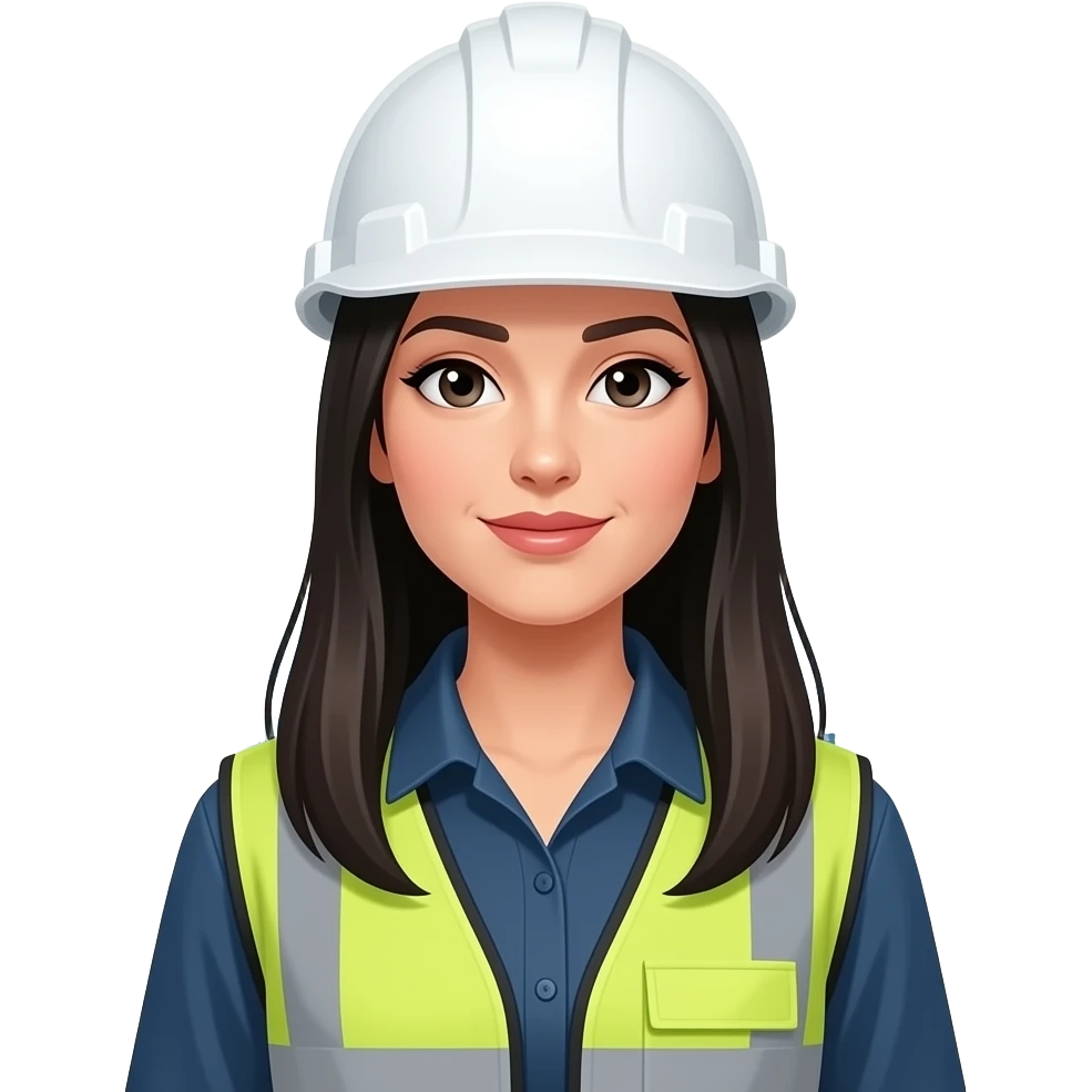 Mujer vestida de chaleco, fondo de empresa industrial cabello negro largo debajo de los hombros y liso, casco blanco emoji