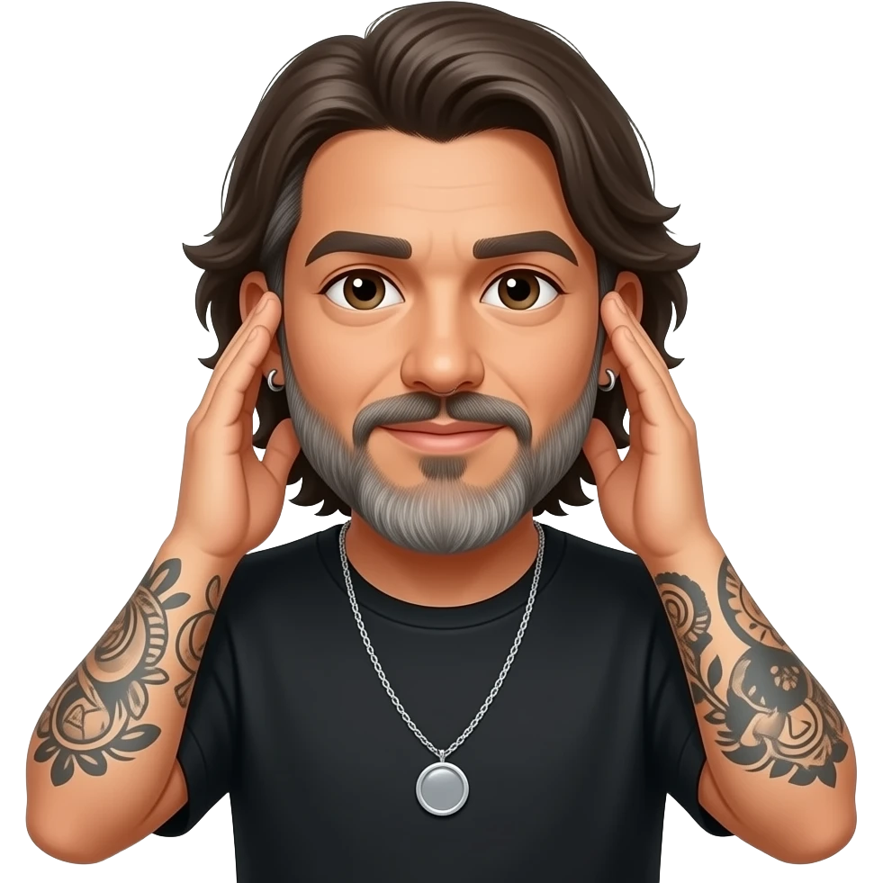 The handsome Latino podcast host with medium length hair, a long lightly graying beard and tattoos, his ear pierced and right nostril as well, covering his ears with both hand emoji