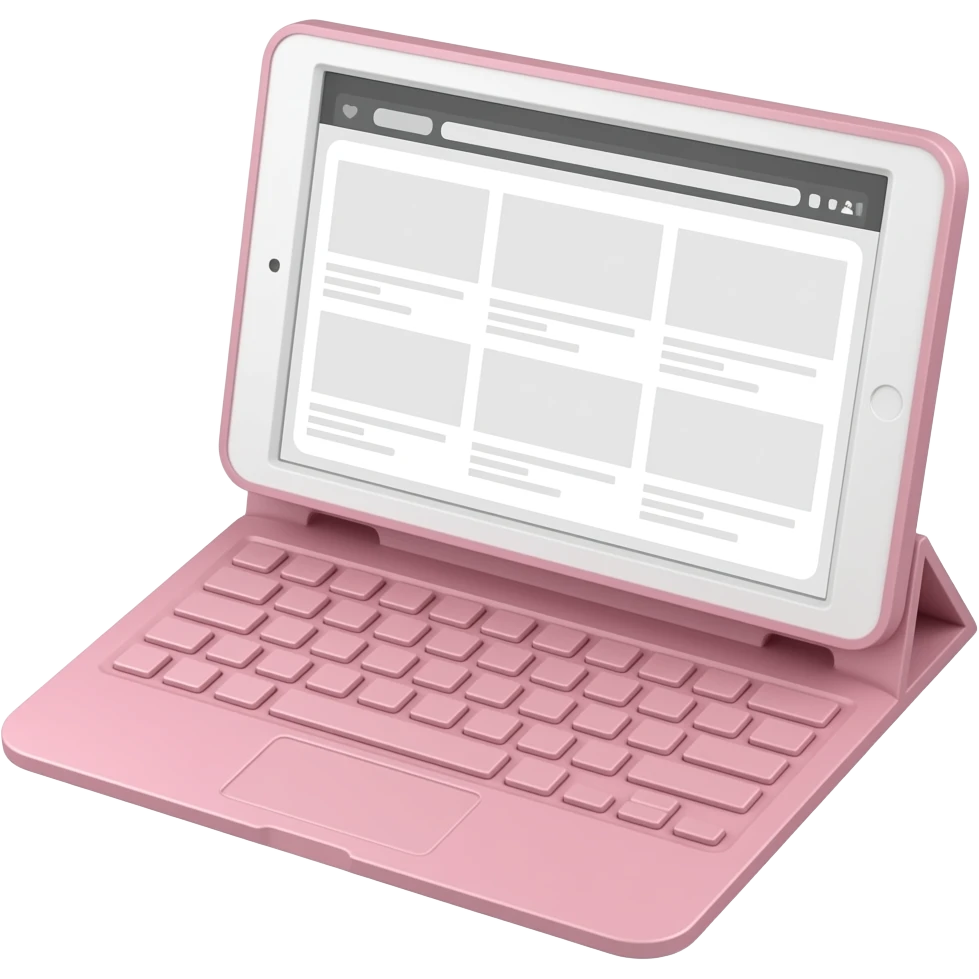 Tablet rosa claro aberto onde a tela está ligada em algum site BRANCO emoji