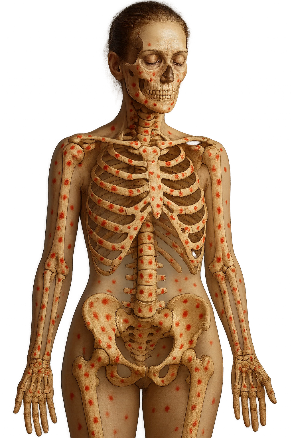 corpo umano anatomico di una donna affetta da fibromialgia, red spot sparsi sulle sue ossa, iperrealistica 4k emoji