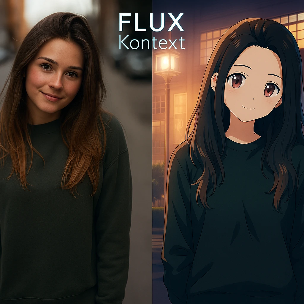 recreate this image and add logo of  text "FLUX Kontext" on top of it emoji