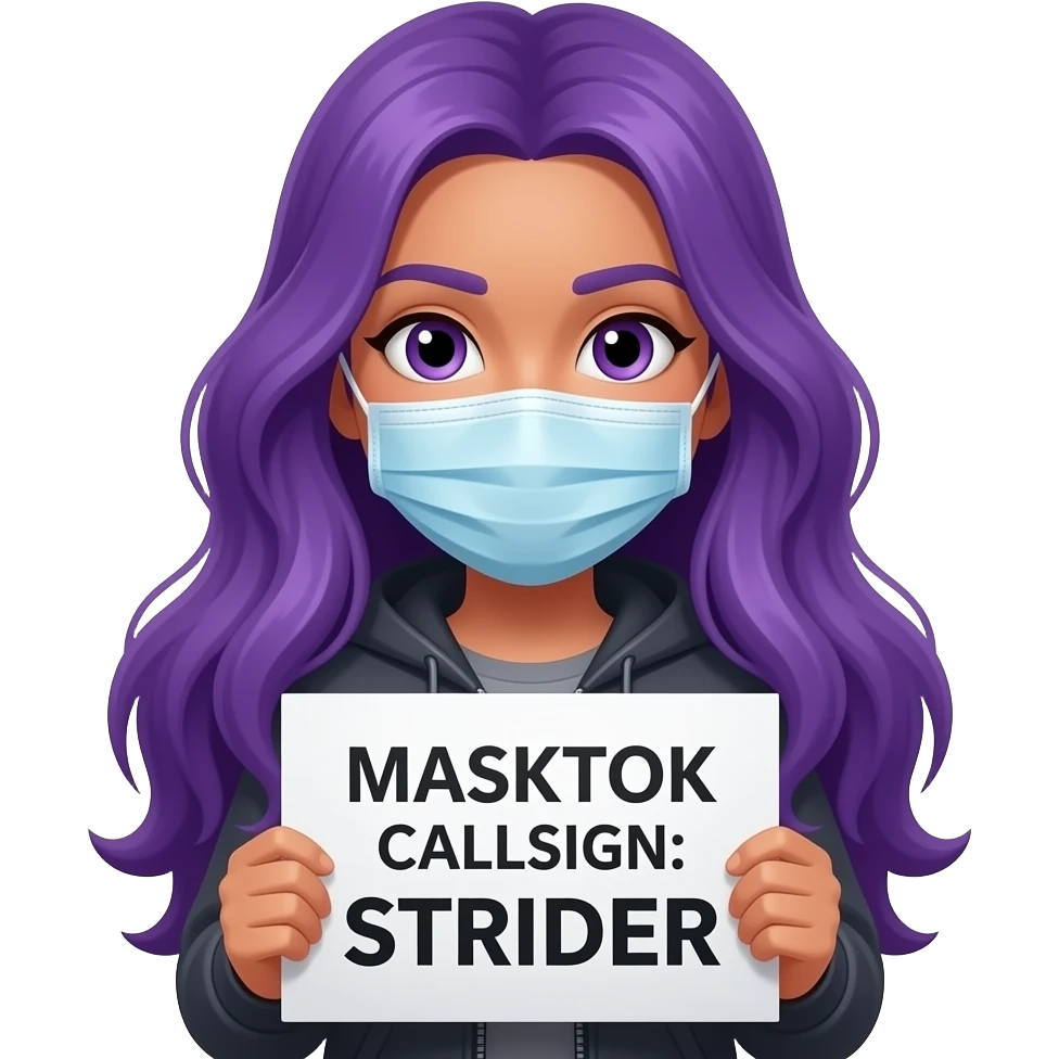 girl with long purple hair with a MASKTOK CALLSIGN: STRIDER sign emoji