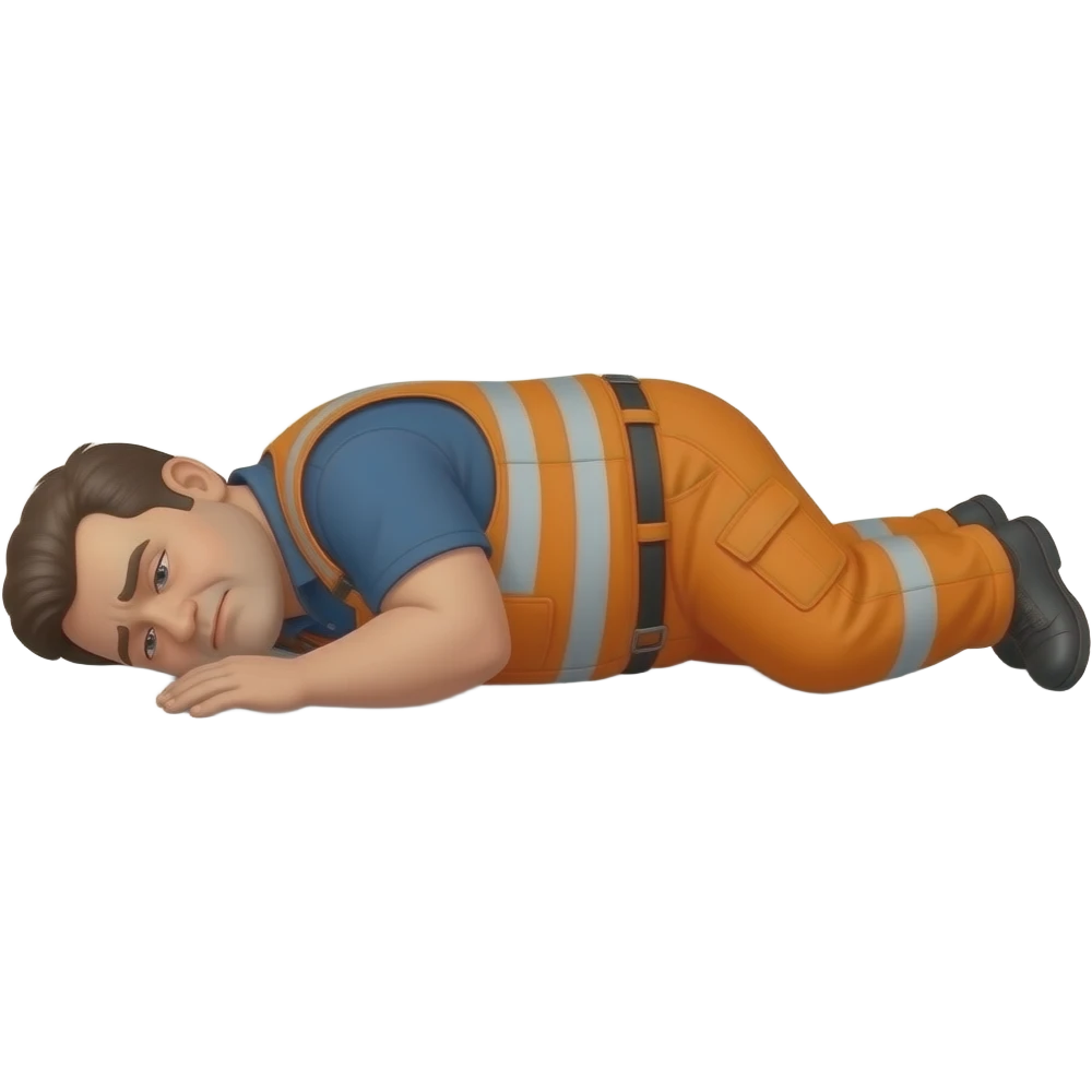 fat MAN, no helmet, IN ORANGE HIVIS OVERALLS, not happy, laying face down on floor, side view emoji