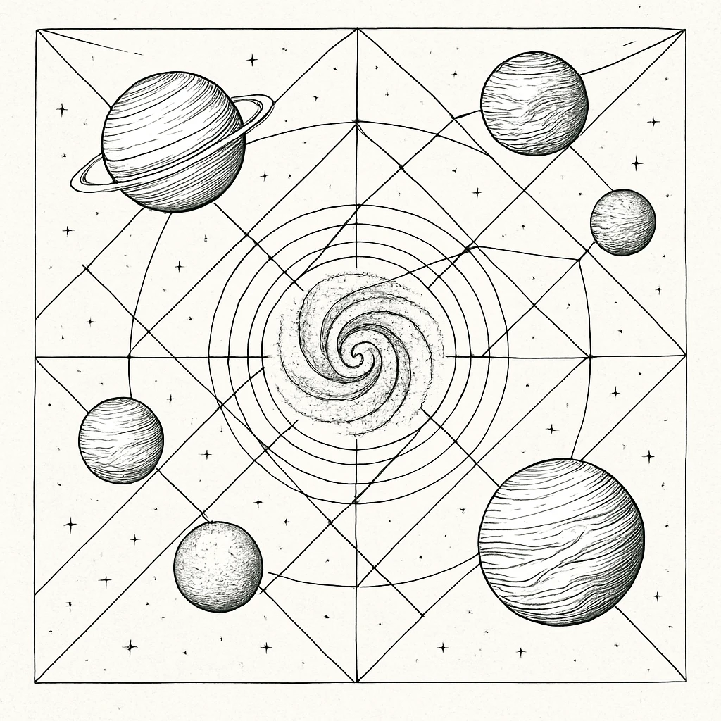 a design for an decorative black and white map, showing linework of galactic planets and a galactic ley lines. matrix map. black linework. neat and minimal design

 emoji