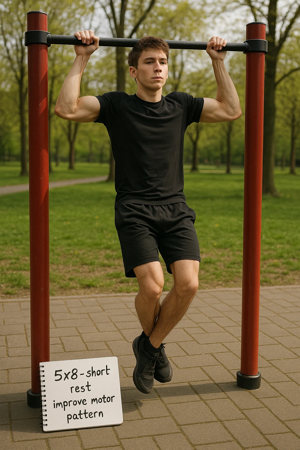 Giovane principiante dello streetlifting in un parco, fisico ancora asciutto, esegue lunghe serie di trazioni senza peso, con tecnica controllata. A terra, un taccuino con scritto '5x8 - riposo breve - migliorare schema motorio'. Espressione concentrata. Luce naturale, atmosfera educativa, senso di costruzione progressiva. emoji