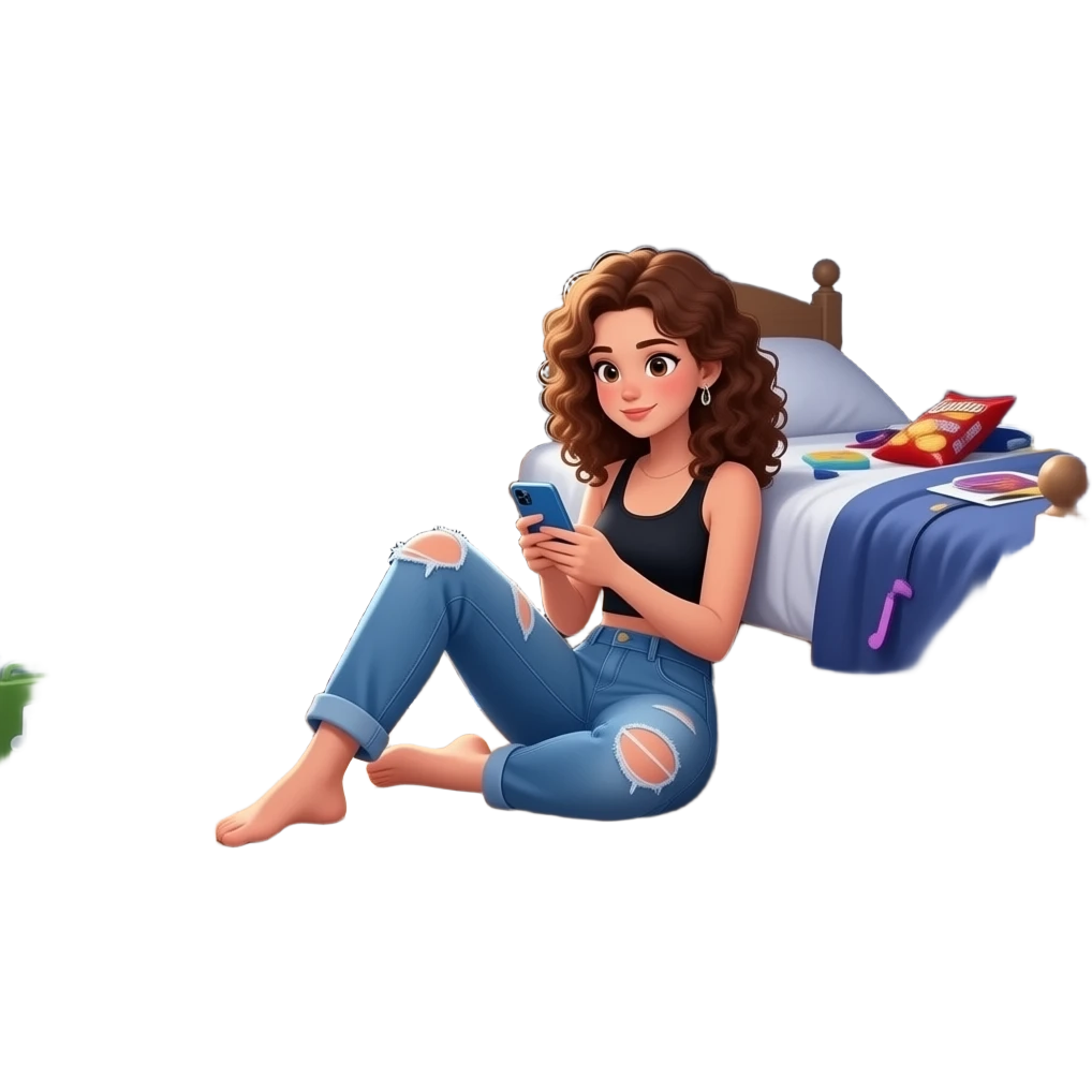 adolescente mujer morena que usa jean roto, pelo con rulos,sentada en el piso de una habitación desordenada, con ventana medio cerrada, colores oscuros, poster de musica en la pared,fotos con amigas,en el centro de una habitación, usando el celular,elementos que representen: música,  alimentación emoji