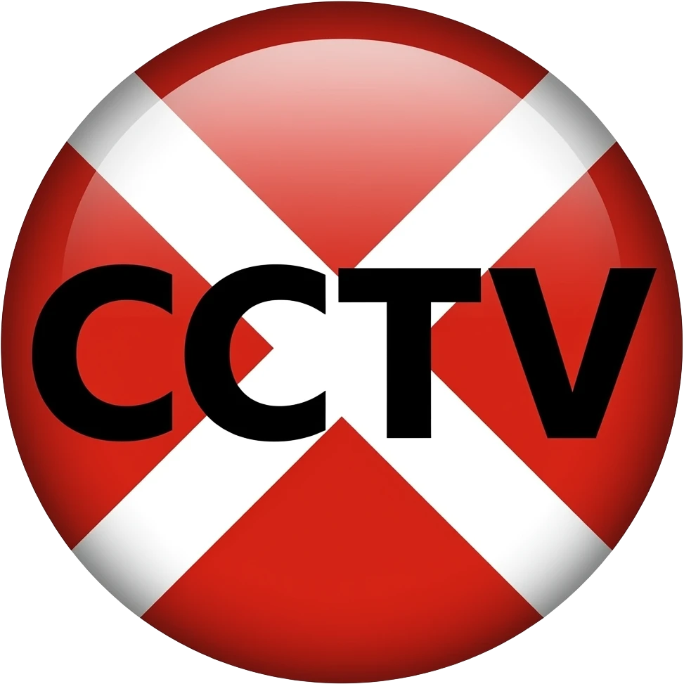 Red filled circle with white X and arrow on all end points on the X white circle in the middle. Big bold CCTV word in the centre in black emoji