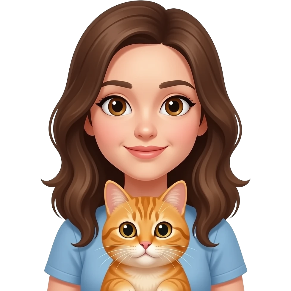 A brown-haired woman, fair-skinned, brown-eyed girl holds a orange cat emoji