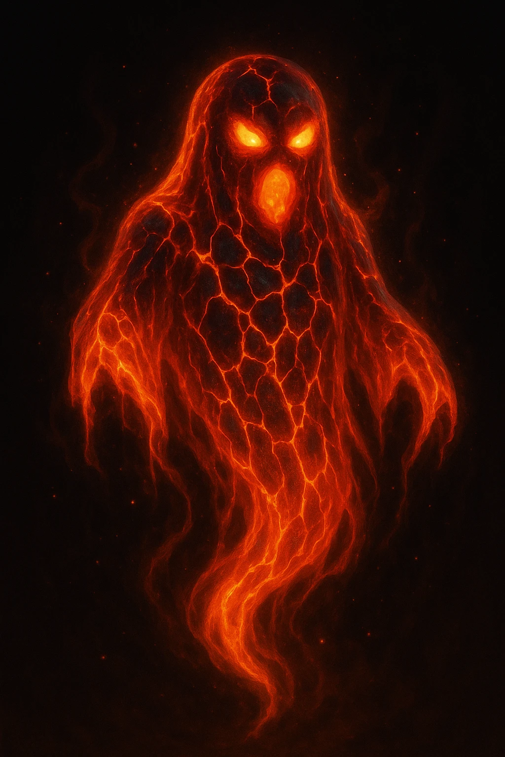 a ghost made of flowing, glowing lava, with molten cracks and fiery eyes, floating and slightly transparent emoji